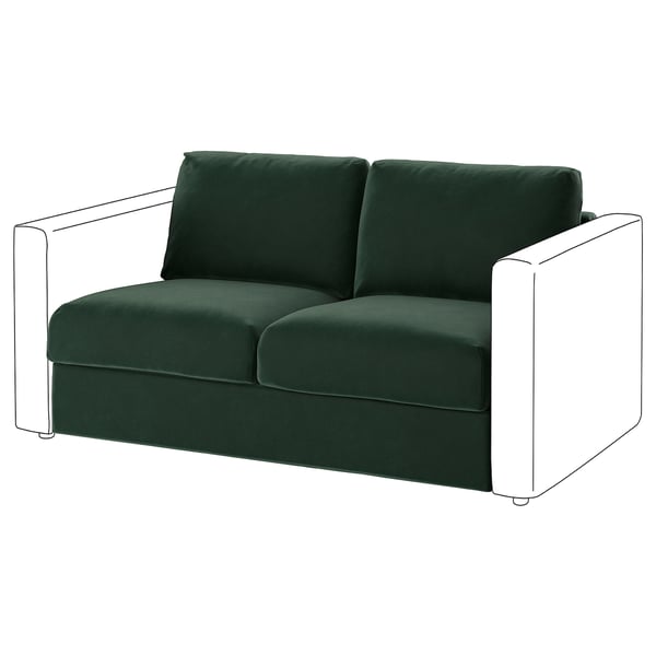 VIMLE green 2-seat sofa-bed with velvet cover, minimalist design, upholstered cushions, comfort mattress.