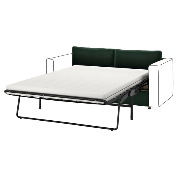 A green VIMLE 2-seat sofa-bed with metal legs and a white mattress.
