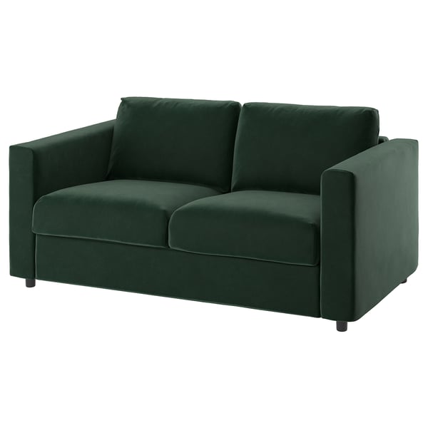Image depicts a green VIMLE 2-seater sofa with a plush, modern design, featuring straight lines and plush cushions.