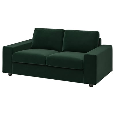 VIMLE sleek dark green sofa, modern minimalist design with boxy cushions, plush velvety texture.