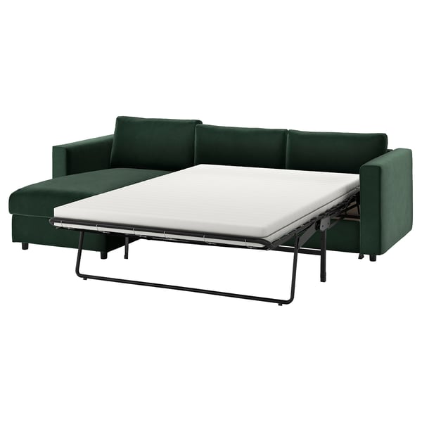 VIMLE sofa-bed, green, velvet, l-shape, with pull-out mattress.