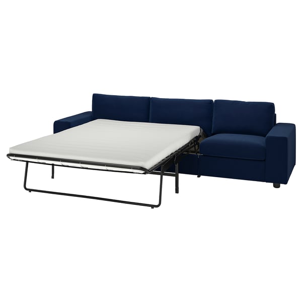 VIMLE blue sofa-bed, modern design with pull-out mattress, medium firm.
