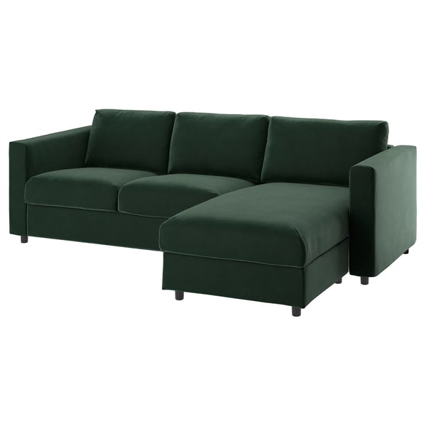 This image the green VIMLE sofa with a right-side chaise longue, in a modern design with a deep-seated velvet cover.