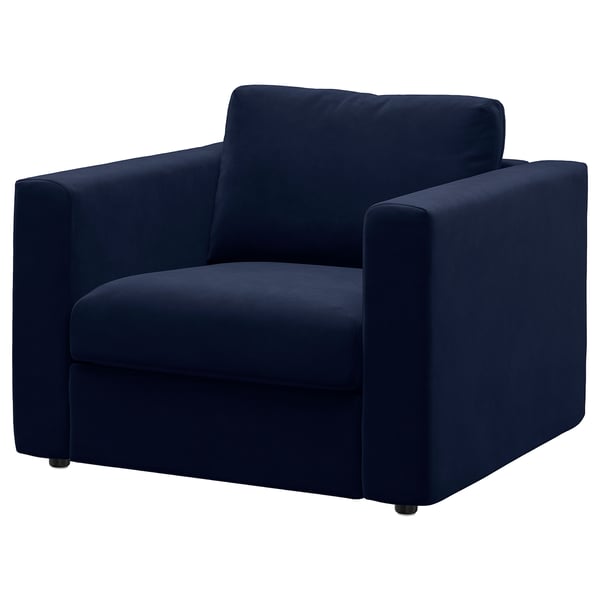 VIMLE navy blue velvet armchair: modern, square design with plush cushions.