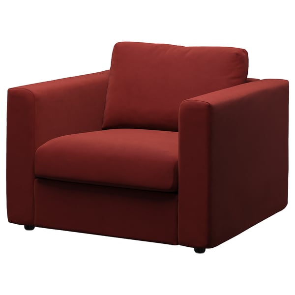 Red VIMLE armchair, modern design, comfy fabric, plush cushions, sturdy base.