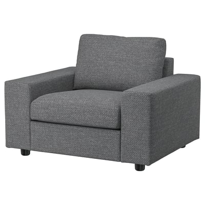 Modern grey upholstered armchair VIMLE, square shape, dark grey, wooden legs, comfy.