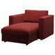 A red VIMLE chaise lounge. Its upholstered in red velvet, featuring a curved seat with storage and square armrests.