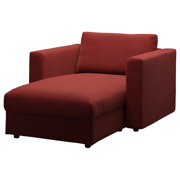 VIMLE red chair, modern curved design, deep red velvet, wide armrests, cushioned seat.