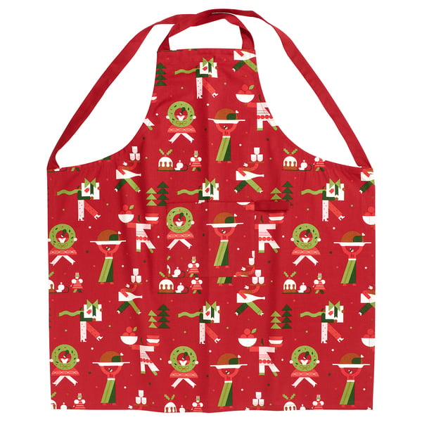 Red VINTERFINT apron with christmas-themed design, green and white prints, cotton material, rectangular shape, adjustable straps.