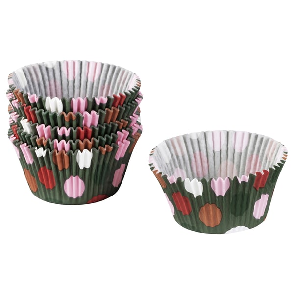 Two colourful cupcake liners, VINTERFINT, multicoloured with hearts, flowery shape, paper material.