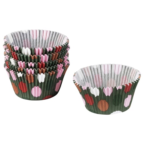 Two colourful cupcake liners, VINTERFINT, multicoloured with hearts, flowery shape, paper material.