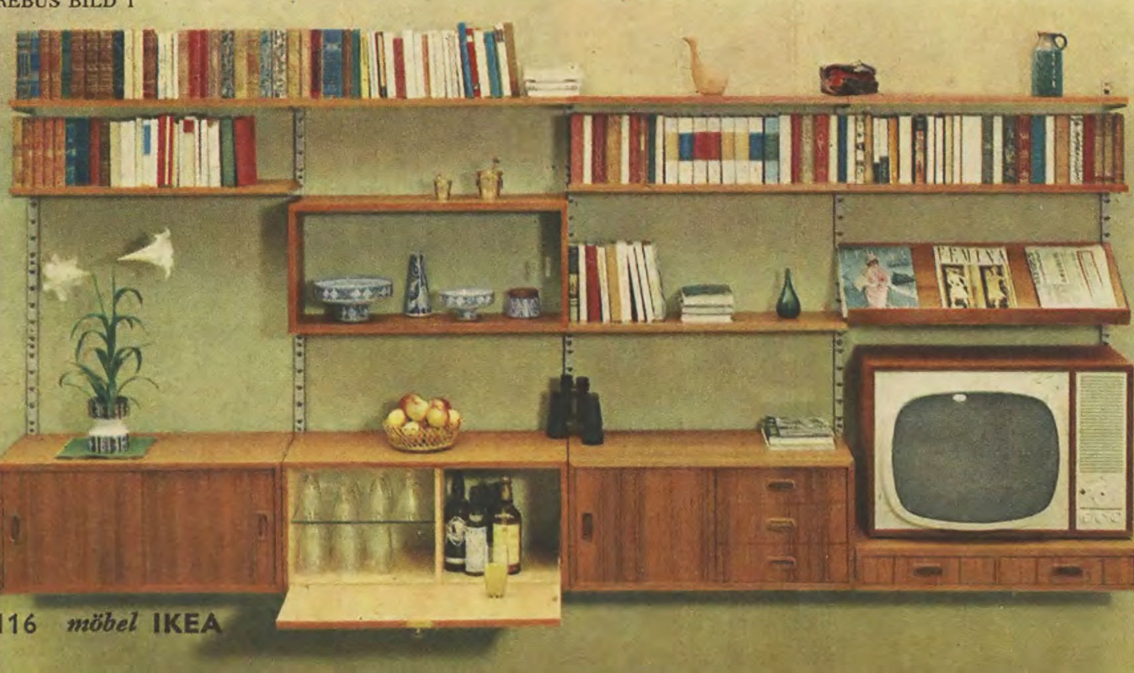 The 1965 IKEA catalogue showing shelves with a TV and drinks cabinet.