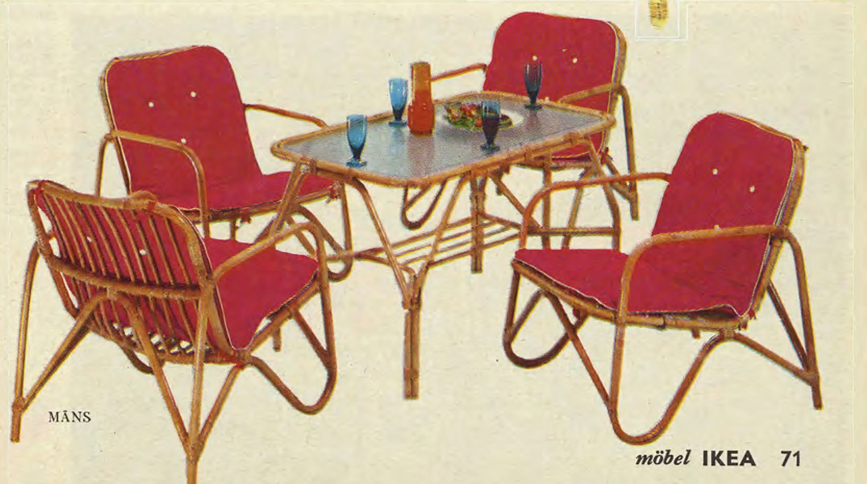 Four rattan framed outdoor chairs with red upholstery around a glass-topped rattan table, from the 1965 IKEA catalogue.