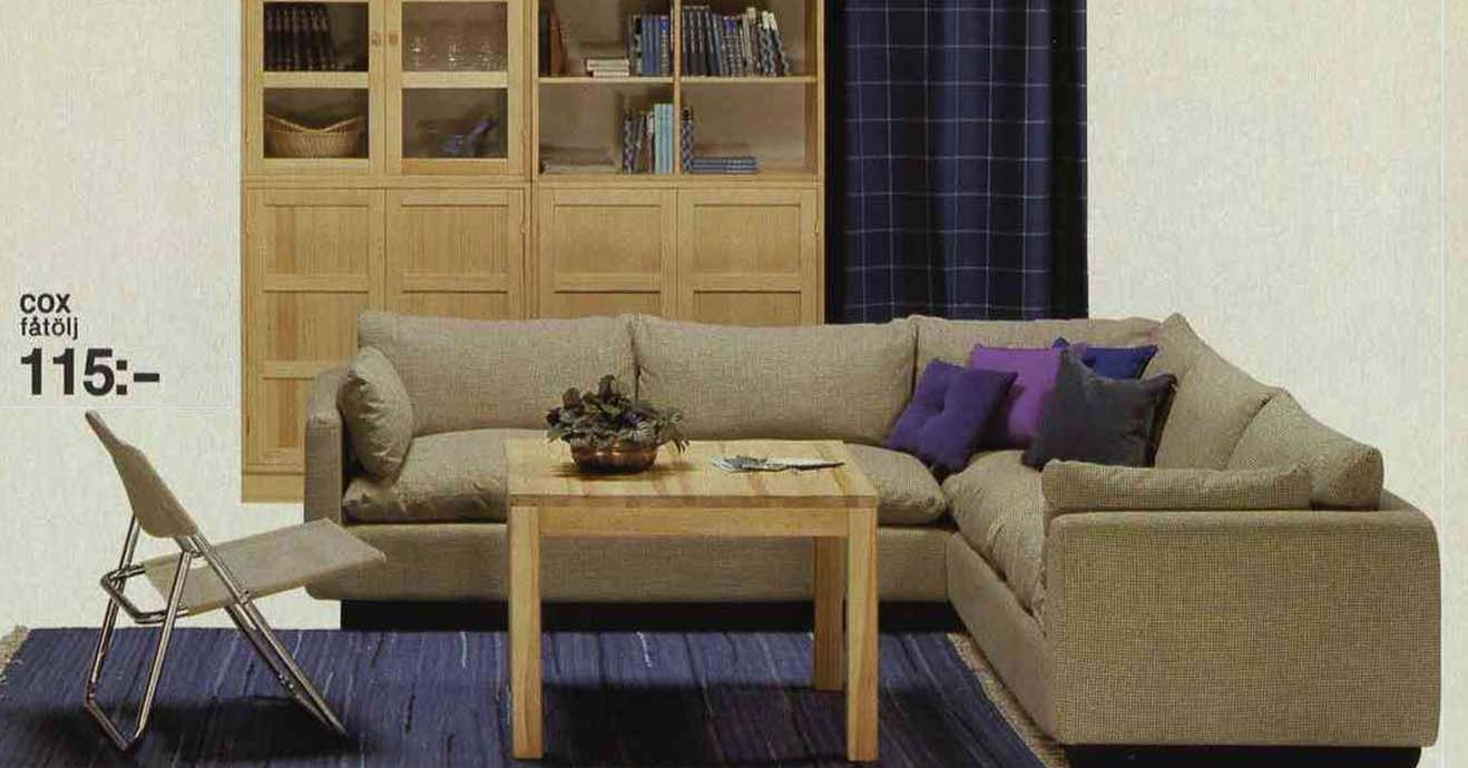 A vintage image from the 1979 IKEA catalogue featuring a COX chair next to a beige corner sofa unit in a roomset.