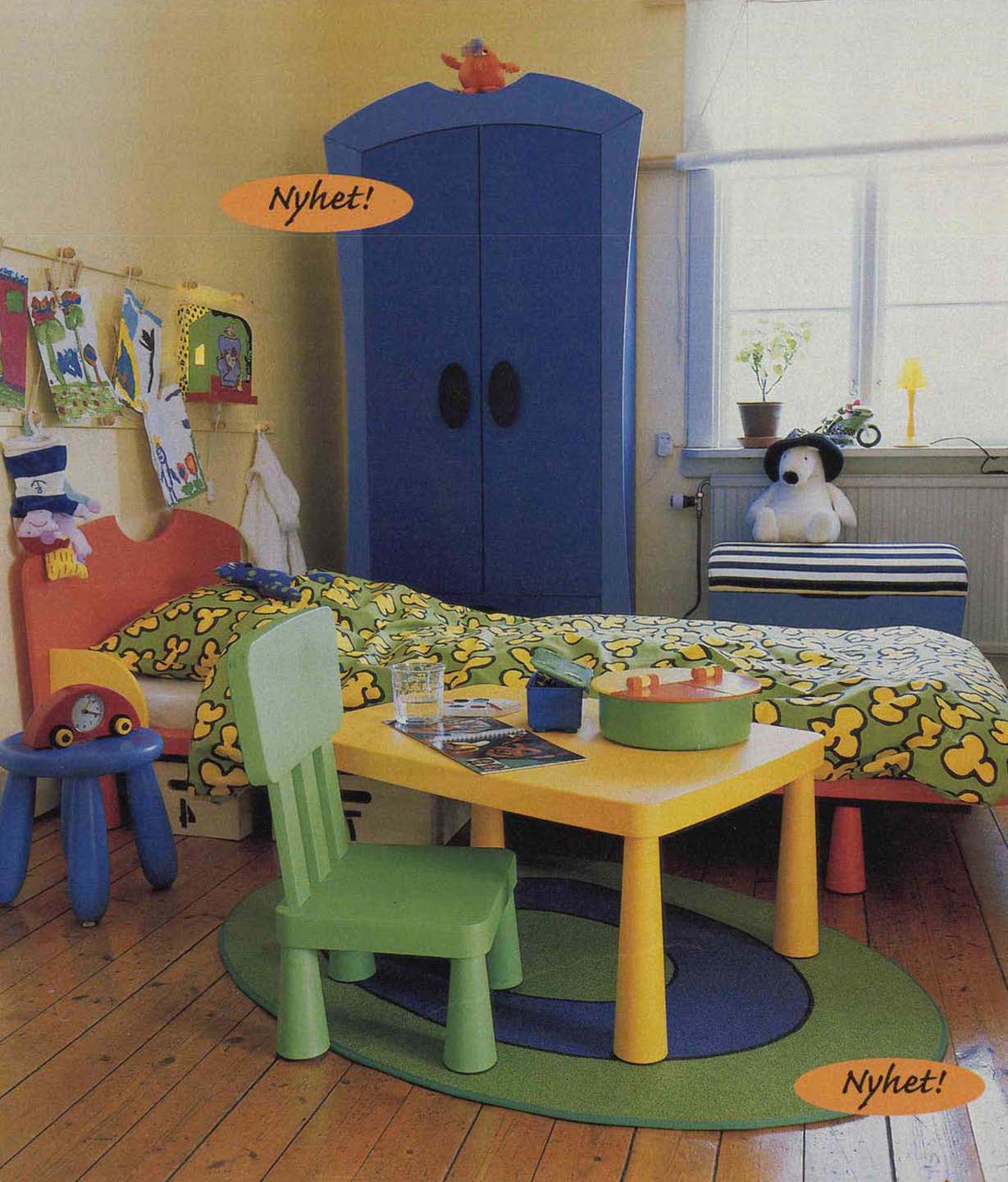 A vintage image from the 1997 IKEA catalogue featuring a yellow and green MODIG duvet cover in a children's bedroom.
