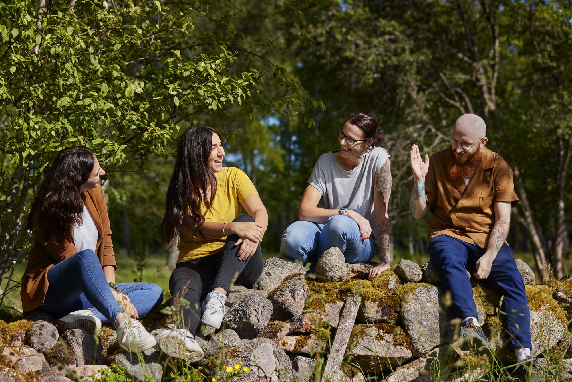 Four co-workers laughing together while they sit in the sun on an old stone wall with the forest behind them.