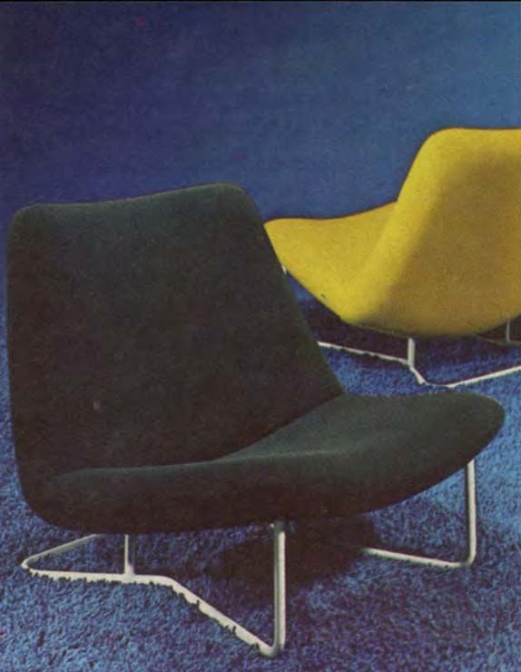 A vintage image from the 1969 IKEA catalogue of two PUCK chairs – one in dark green and one in yellow – against a blue background.