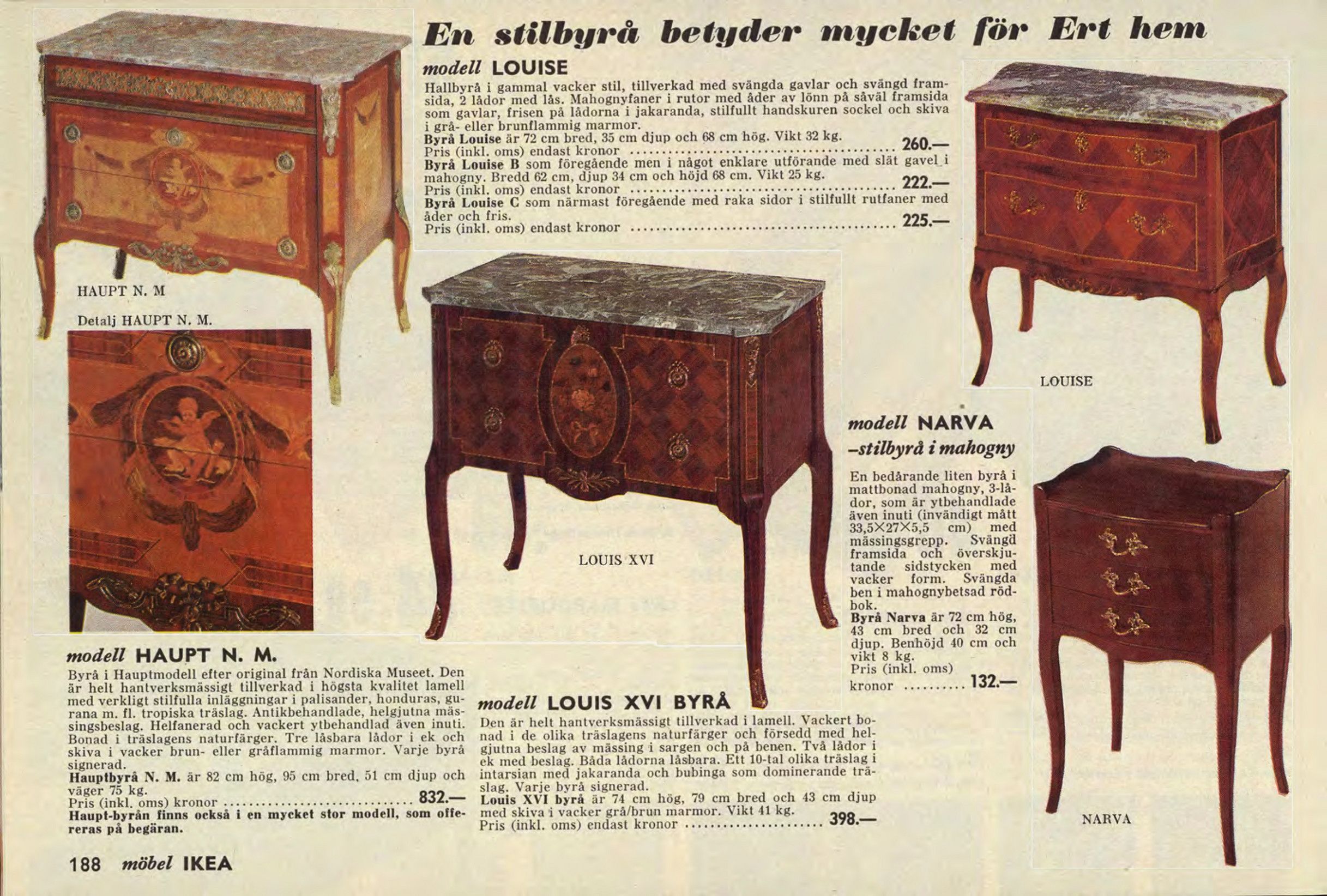 A page from the 1965 IKEA catalogue featuring antique style chests of drawers.
