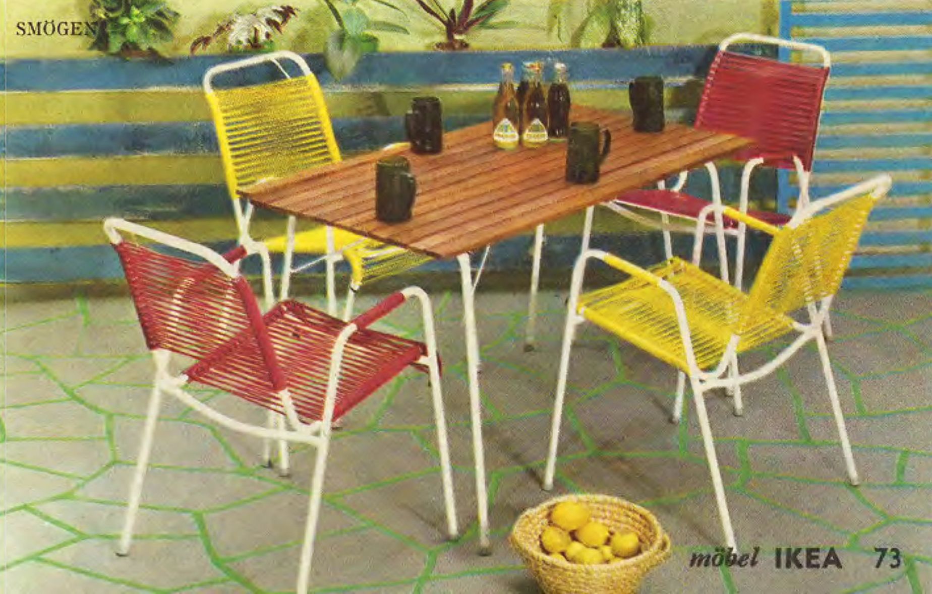 Four red and yellow plastic chairs around a wood table, from the 1965 IKEA catalogue.