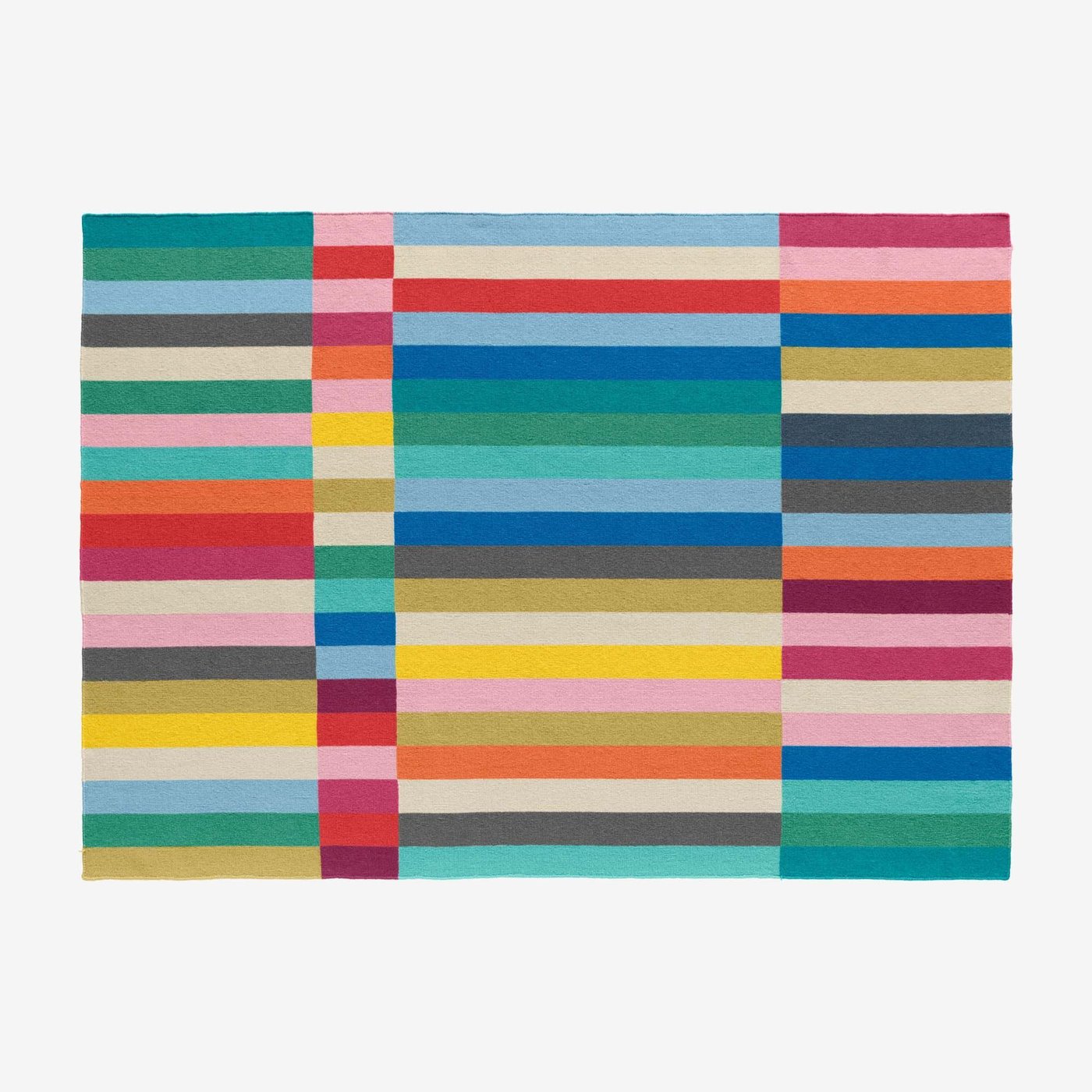 A multicoloured HALVED rug with four different sized columns of coloured stripes.