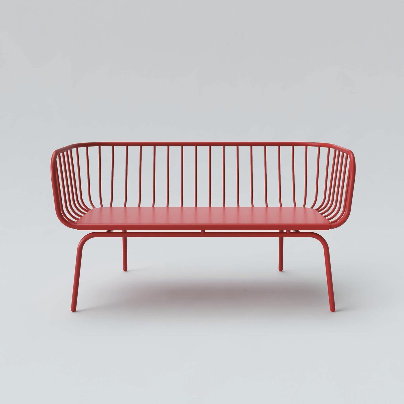 A red BRUSEN bench.
