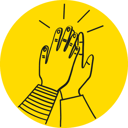 A line drawing of two hands doing a high-five, in a yellow circle.