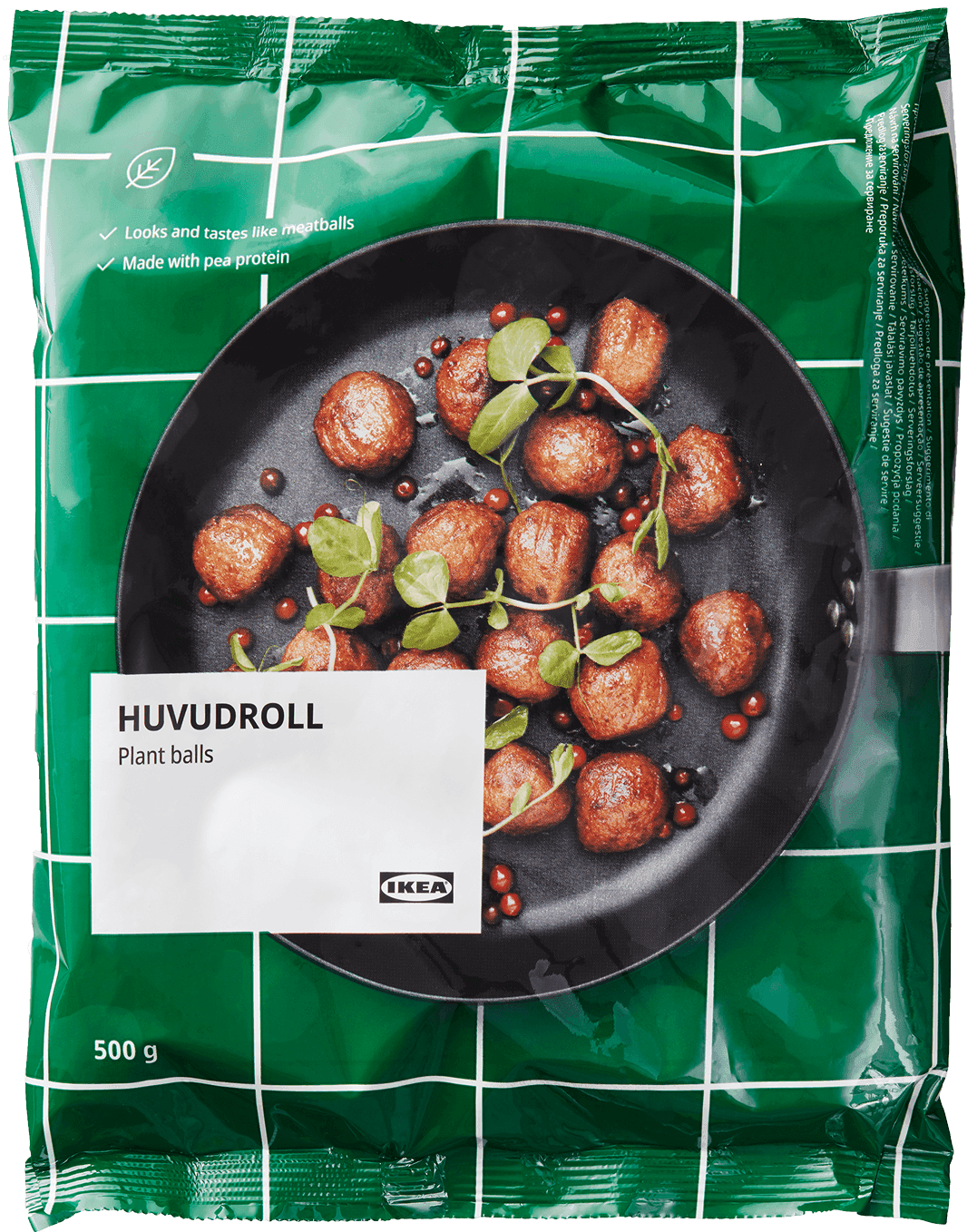 A cutout image of a pack of HUVUDROLL frozen plantballs.