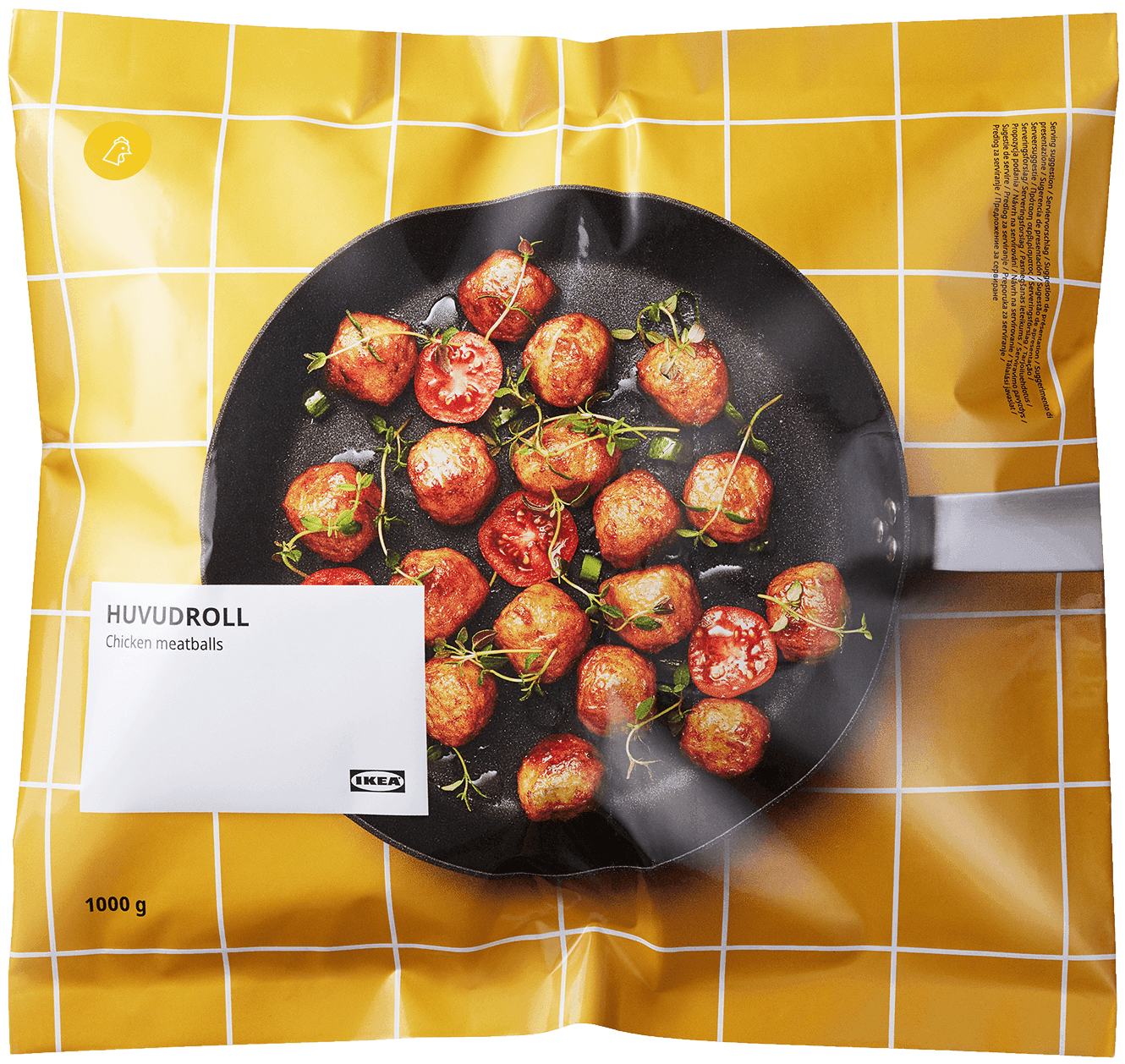 A cutout image of a pack of HUVUDROLL frozen chicken meatballs.
