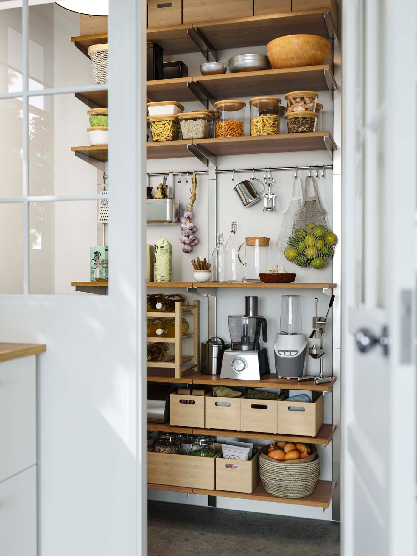 A view of a neatly organised walk-in pantry through a white glass door.