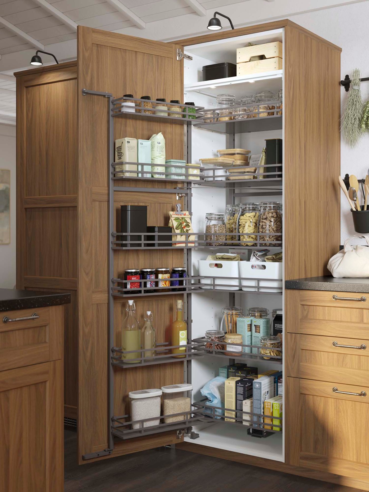 A wooden kitchen cupboard is open to reveal food neatly stored on dark grey metal shelves and brackets mounted to the door.