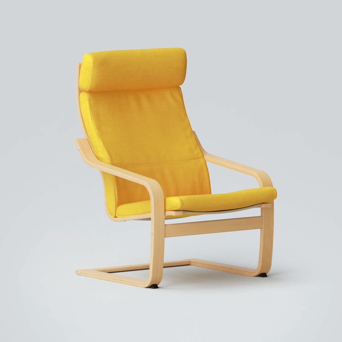 A POANG chair with a light wood frame and yellow upholstery.