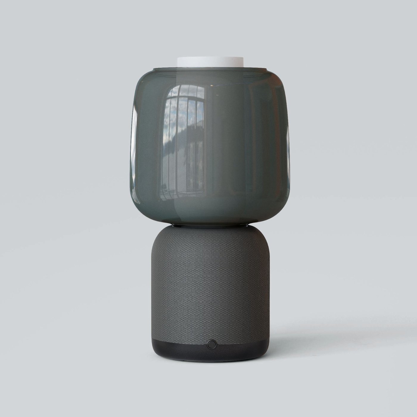A black SYMFONISK lamp with a speaker base and glass shade section.