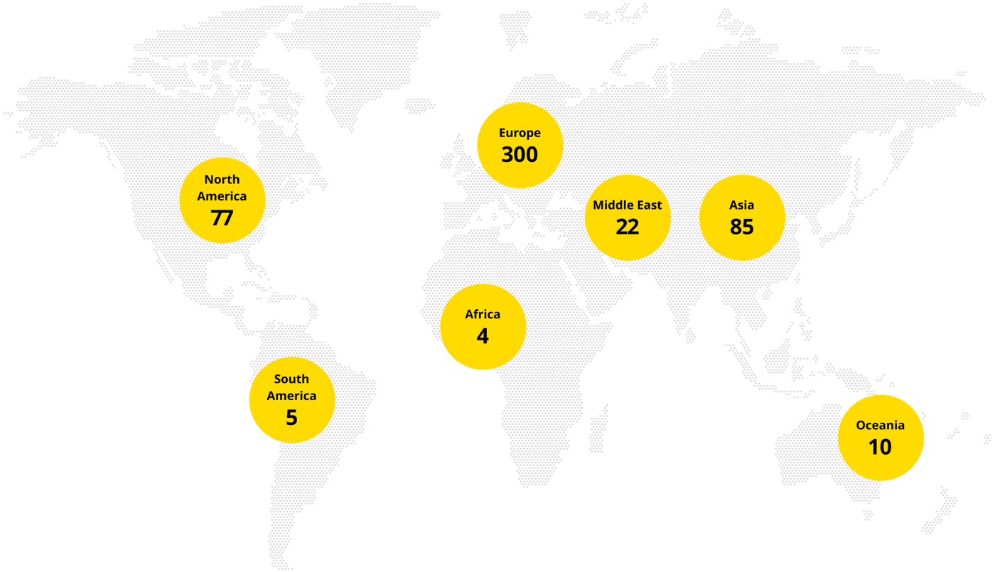 A world map overlaid with yellow circles with region names and numbers.