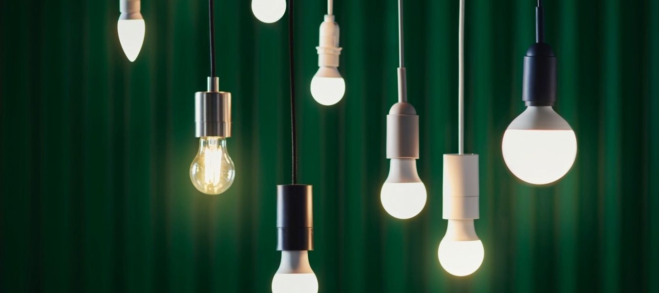 Assortment of SOLHETTA light bulbs hanging from cables against a dark green backdrop.