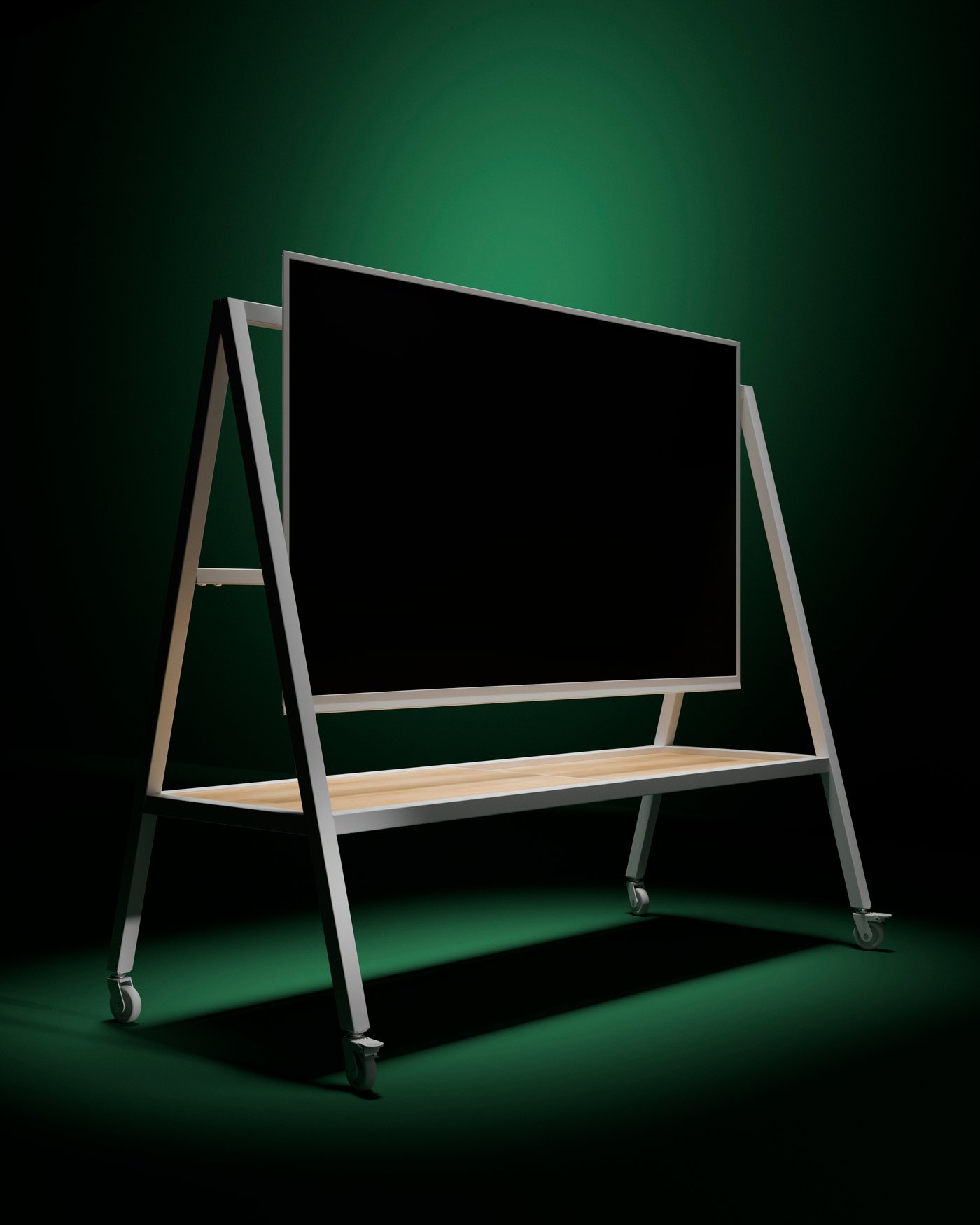 The YXSTABY TV stand on castors on a green background with dramatic dark lighting.