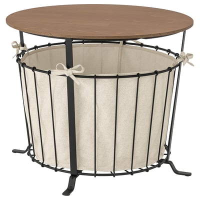 Aesbyn storage table: wooden top, beige fabric, black metal frame; multi-use, rustic design.