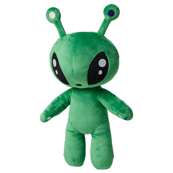 Green alien cuddly toy with big eyes, antennae, soft fabric body, and friendly face.