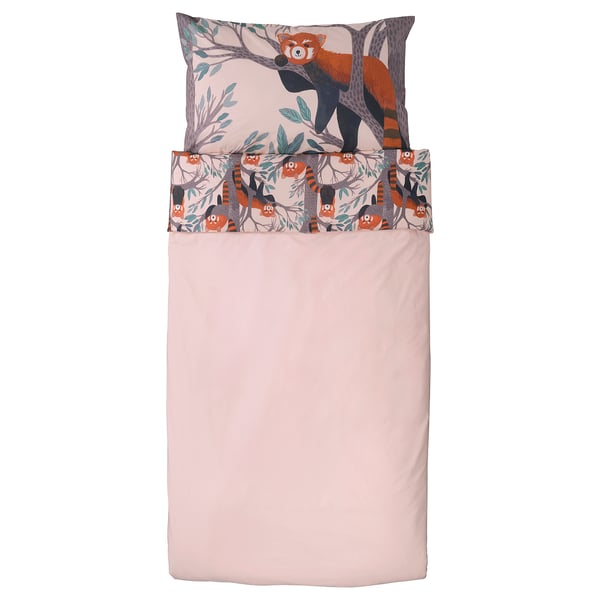 ALPTALL duvet set: pink, cotton, rectangular with red pandas and bamboo trees.