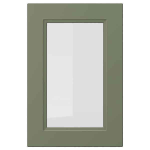 AXSTAD green rectangular glass door, matte finish, soft lines, inset glass panel, modern traditional design.