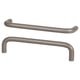 Two sleek, curved, silver BAGGANÄS handles. Modern, minimalist design. Steel and epoxy finish. Ideal for kitchen cabinets.