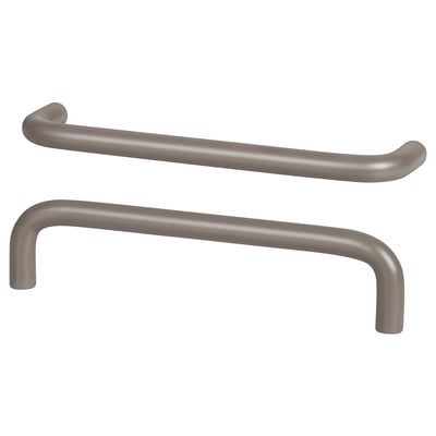 Two sleek, curved, silver BAGGANÄS handles. Modern, minimalist design. Steel and epoxy finish. Ideal for kitchen cabinets.