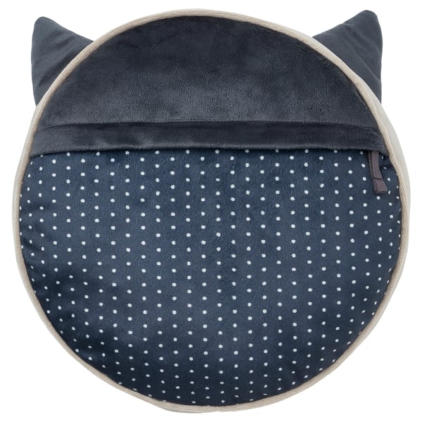 Round, blue, spotted cat-shaped pillow with ears and hidden pocket on back for small items.
