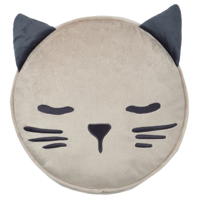 Cat-shaped pillow, grey with dark grey ears, closed eyes, and whiskers, soft, round with a secret back pocket.