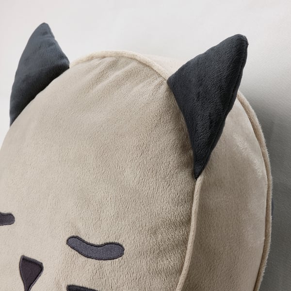 Cat-shaped pillow, soft with dark grey details.