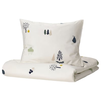 White BARNDRÖM kids bedding set: duvet and pillow. Foxes, trees, and owls. Soft cotton-viscose mix.