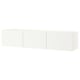 A white BESTÅ tv bench with three sections. Its sleek, rectangular, and designed for storage with adjustable shelves. Ideal for modern living spaces.