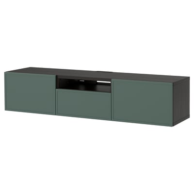BESTÅ tv bench in green with wooden top. Rectangular shape, open centre, two drawers, and cabinets.