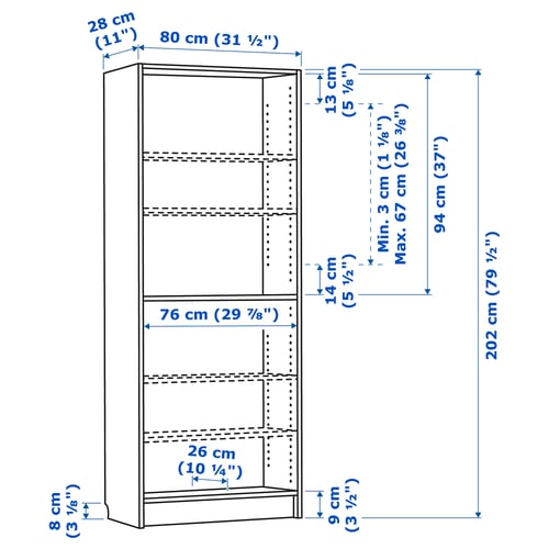 Illustration with measurements for the product: BILLY.