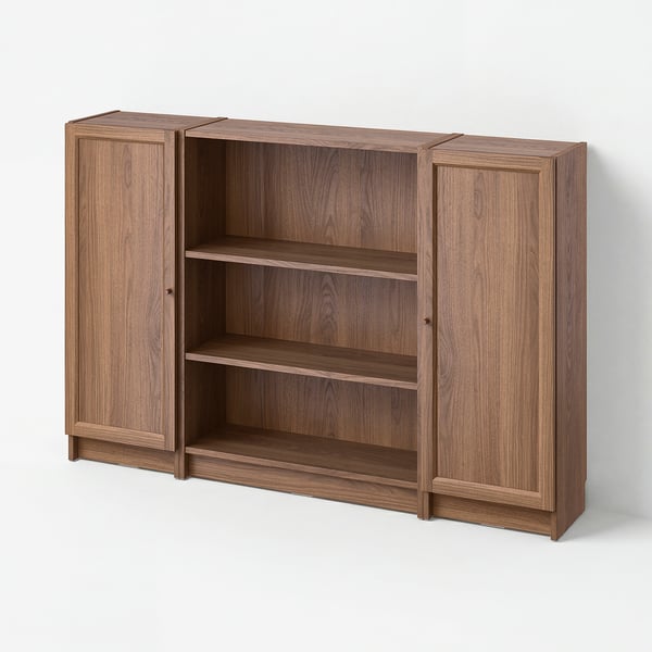 A brown BILLY bookcase with wooden texture, featuring closed and open shelves.