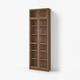 A tall wooden BILLY bookcase with glass doors, displayed against a white wall.